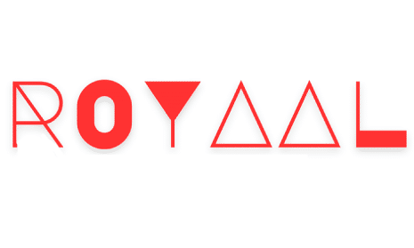Logo met de tekst 'Royaal' in rood met geometrische vormen.