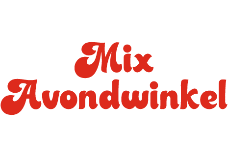 Rode tekst met de woorden 'Mix Avondwinkel' in sierlijke letters, op een witte achtergrond.
