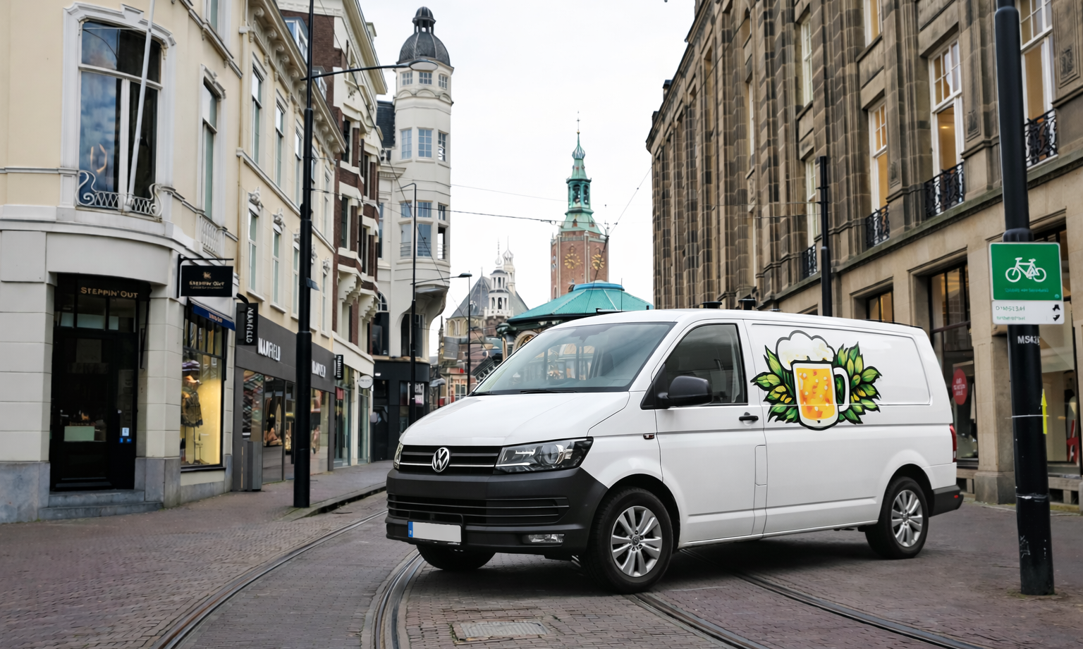 Witte bestelwagen met bierlogo in een historische stadstraat met tramsporen.