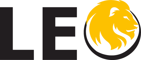 Logo van Leo Minimarkt & Slijterij met een leeuwenkop in geel