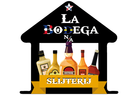 Logo van Slijterij La Bodega N.A met diverse drankflessen.