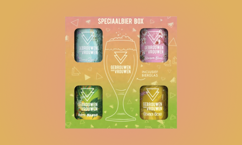 Gebrouwen door vrouwen bierpakket met blikjes en bierglas