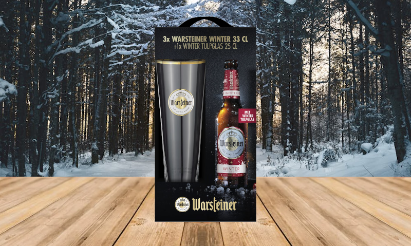 Warsteiner winter bierpakket in een winterse omgeving