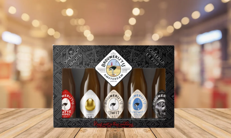 IJ bierpakket op een houten tafel