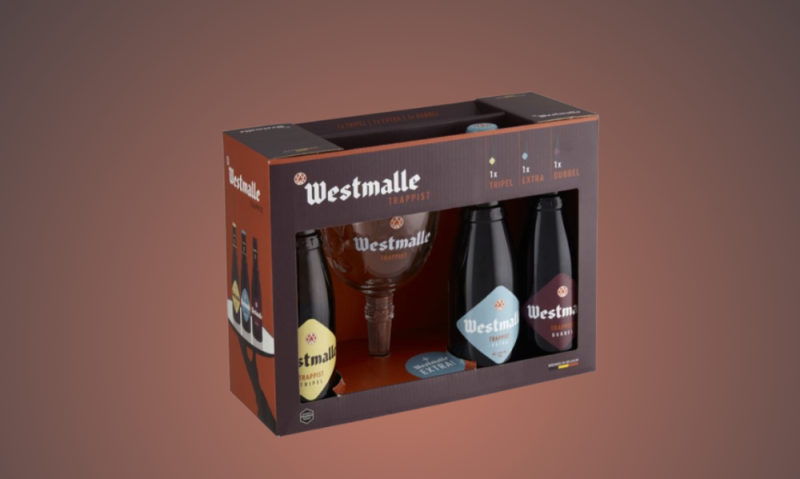 Westmalle Trappist bierpakket met de drie trappistenbieren en de originele kelk