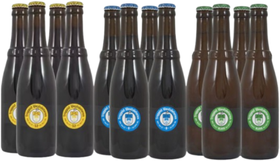 Bierpakket met de drie Westvleteren Trappisten: vier keer 12, vier keer 8 en vier keer Blond