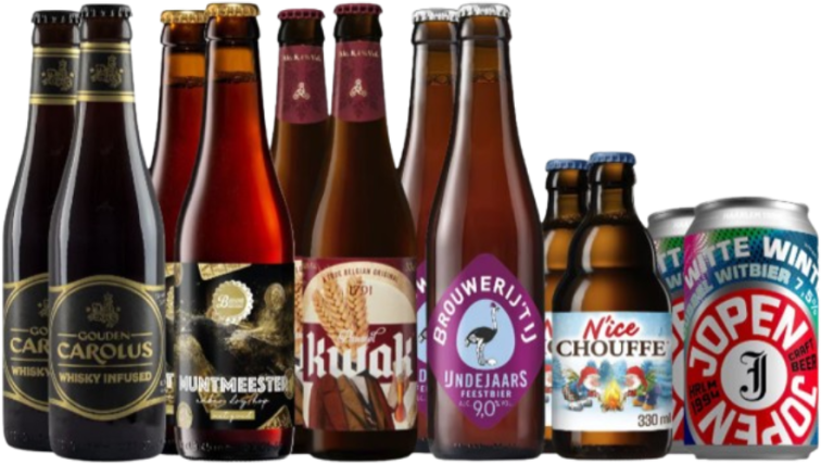 Afbeelding van diverse bieren in flesjes en blik uit het Gall & Gall winter bierpakket.
