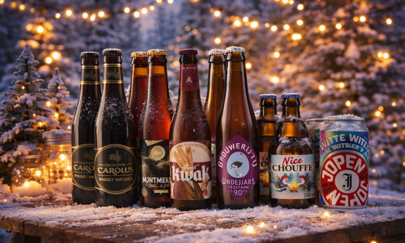 Een winterbierpakket met verschillende bierflesjes en een blik op een sneeuwbedekte tafel met kerstverlichting.
