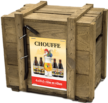 Houten kist met La Chouffe bier en glas op label.