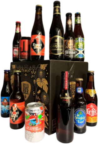 Assortiment van twaalf verschillende bieren rond een Hellobier doos.