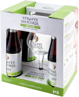 Straffe Hendrik Wild Vertical Tasting Box met bierflessen en glas zichtbaar aan de voorkant.