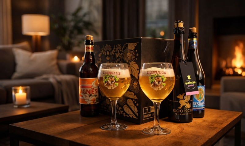 Proost bierpakket van Hellobier met ingeschonken bierglazen en een haardvuur op de achtergrond