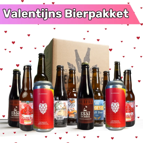 Valentijns Bierpakket met 12 bieren rondom een kartonnen doos