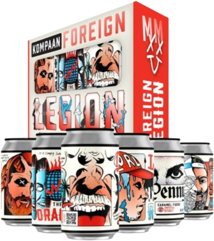 Kompaan Foreign Legion 2025 bierpakket met blikjes en kleurrijke illustraties.