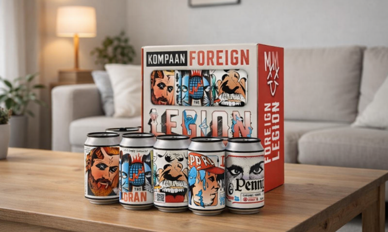 Zes blikken Kompaan Foreign Legion bier op een houten tafel met de verpakking op de achtergrond.