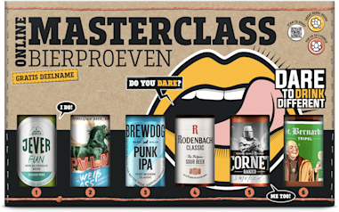 Afbeelding van zes verschillende bierblikken voor een online masterclass bierproeven.