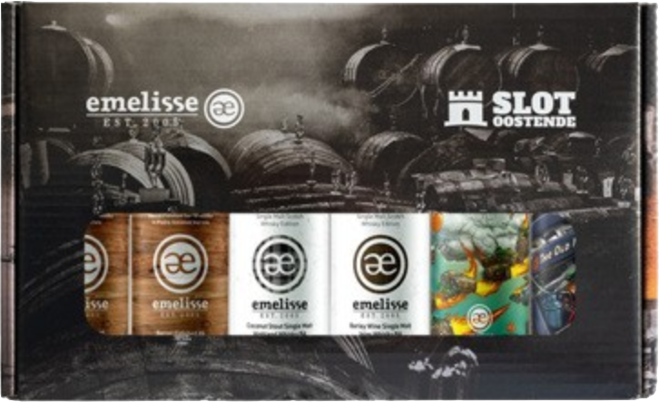 Emelisse Barrel Aged collectie verpakking met zes blikjes bier en industriële achtergrond.