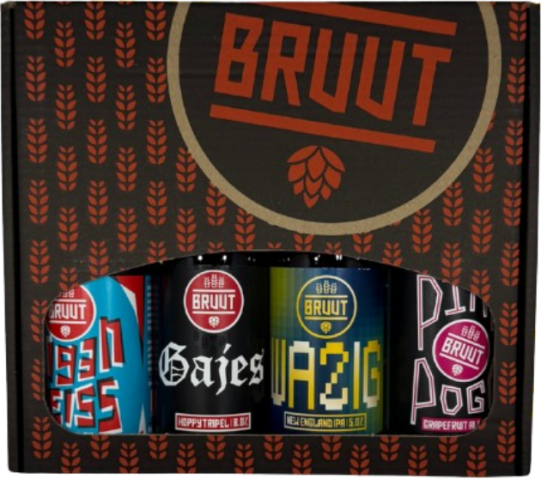 Verpakking van Bruut biercadeau met vier verschillende blikken bier zichtbaar.