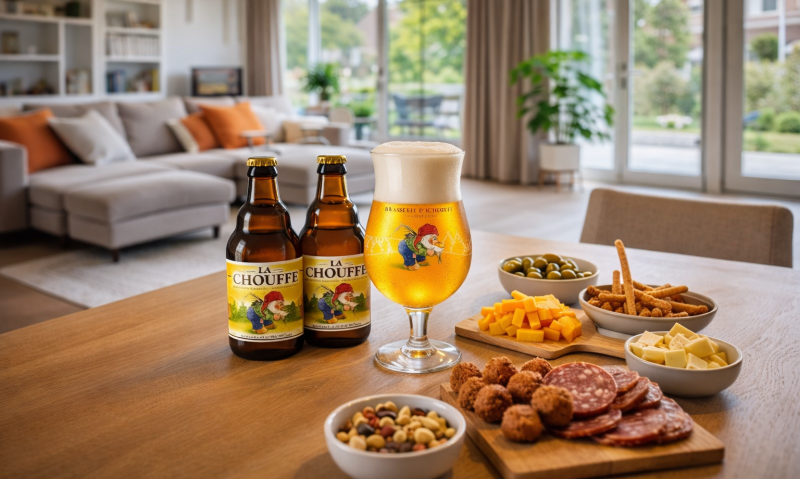 La Chouffe proefpakket met twee flesjes en een glas bier op tafel met hapjes in een moderne woonkamer.