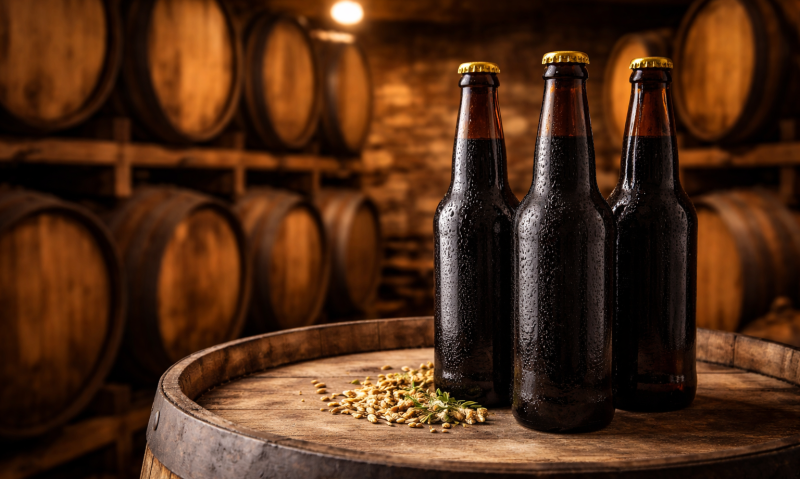 Drie donkere bierflessen op een houten vat met moutkorrels op de voorgrond in een kelder.