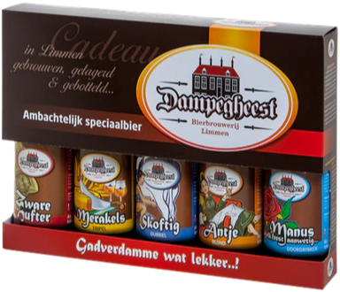 Een geschenkverpakking met vijf verschillende Dampegheest speciaalbieren met kleurrijke etiketten.