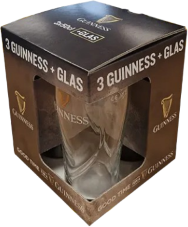 Verpakking met drie Guinness bierflessen en een origineel glas geplaatst in een kartonnen doos.
