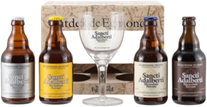 Sancti Adalberti biercadeau met vier flesjes bier en een glas.