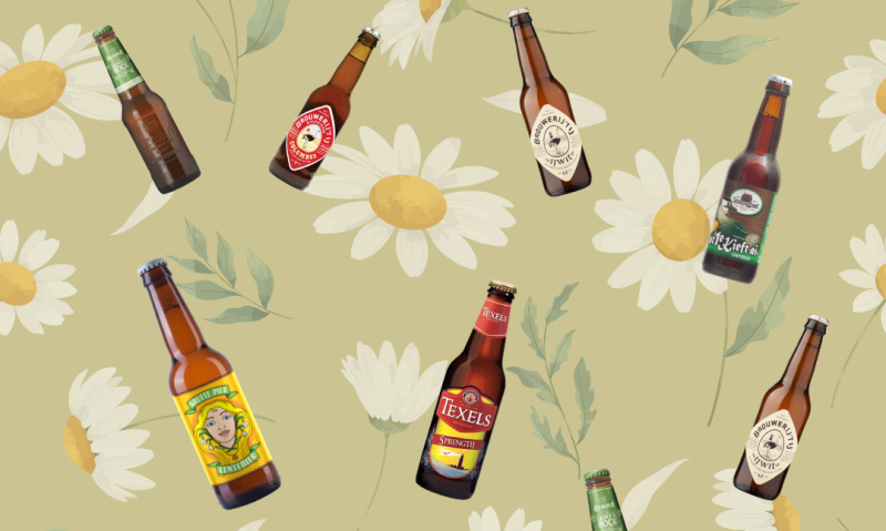 Verschillende biertjes op een achtergrond met madeliefjes en bladeren.