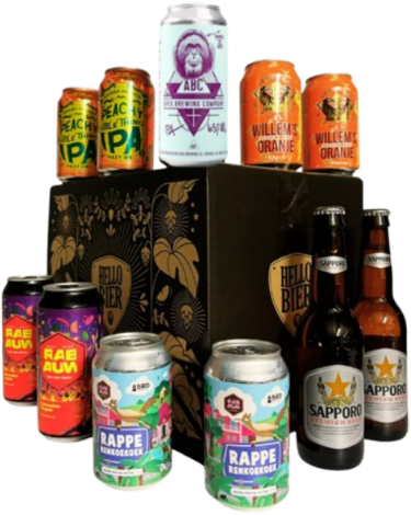 Zwarte doos met diverse kleurrijke bierblikjes en flessen, WK 2026 bierpakket van Hellobier.