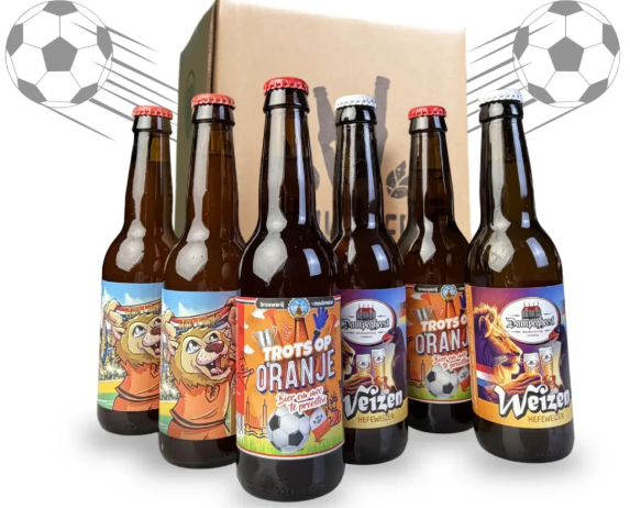 Sixpack van GeheimBiertje WK 2026 biertjes met voetbalthema en doos op de achtergrond.