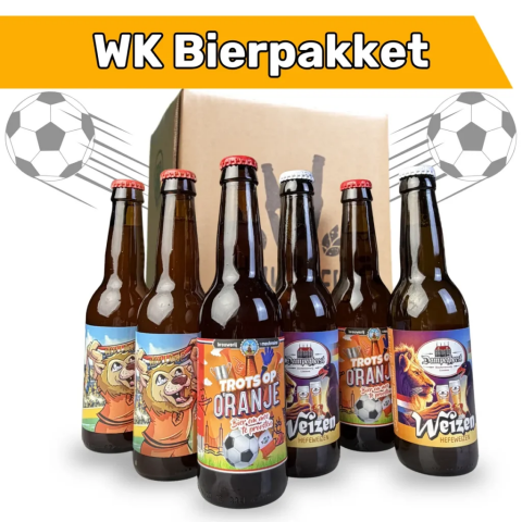 Verschillende bierflessen van GeheimBiertje en een kartonnen doos op de achtergrond met de tekst WK Bierpakket.