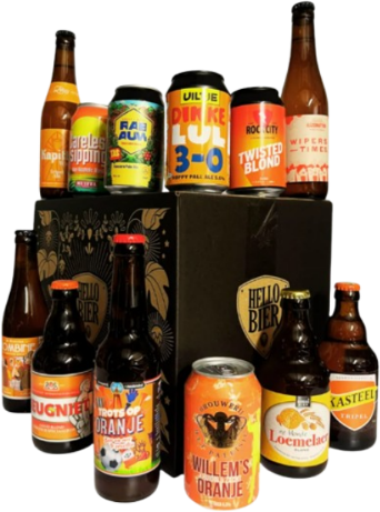 Twaalf verschillende bieren rondom een zwart bierpakket van Hellobier.