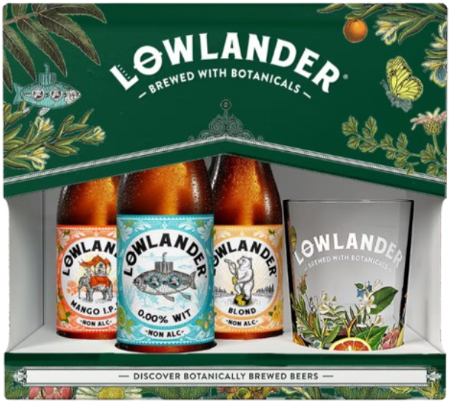 Lowlander cadeauverpakking met drie flesjes bier en een glas.