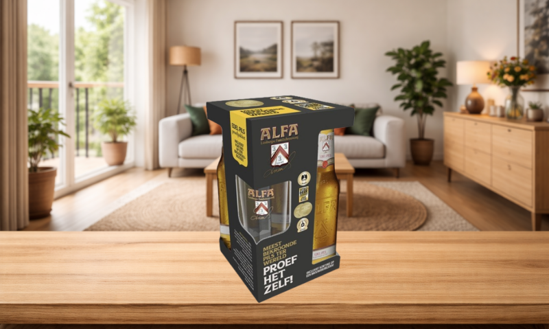 Alfa bier cadeauverpakking met glas op houten tafel in moderne woonkamer.