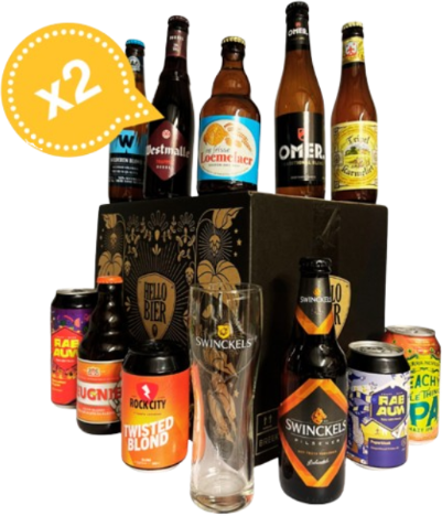 Zomer bierpakket met 22 speciaalbieren en 2 Swinkels glazen gepresenteerd met verschillende kleuren etiketten.