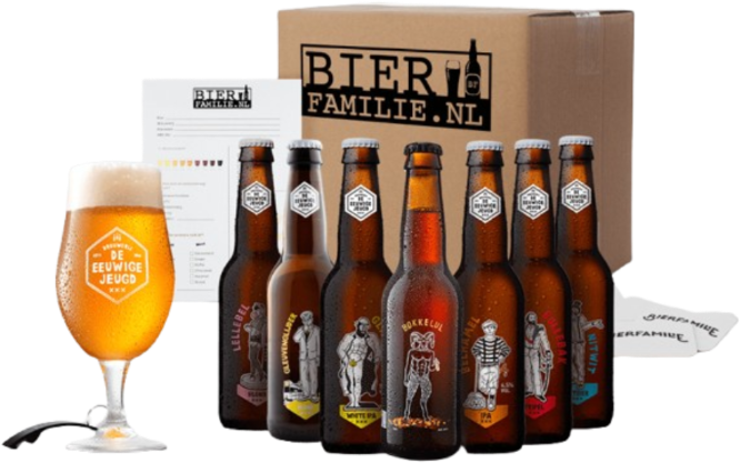 Eeuwige Jeugd bierpakket met bruine bierflessen, gevuld glas en Bierfamilie.nl doos.