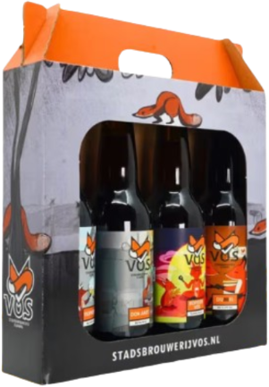 Biercadeau van Stadsbrouwerij Vos met vier flesjes in een grijs-oranje draagverpakking.