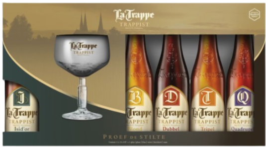 La Trappe trappist cadeaupakket met vijf bierflessen en een bokaalglas in goudgroene verpakking.