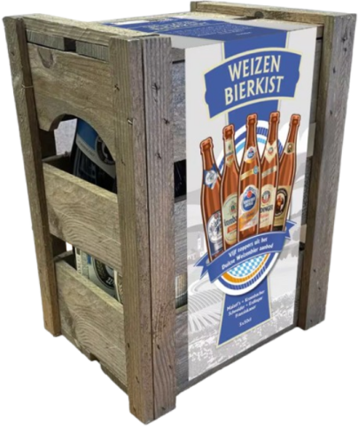 Houten Weizen bierkist met vijf flesillustraties en blauw-wit etiket op de voorkant.