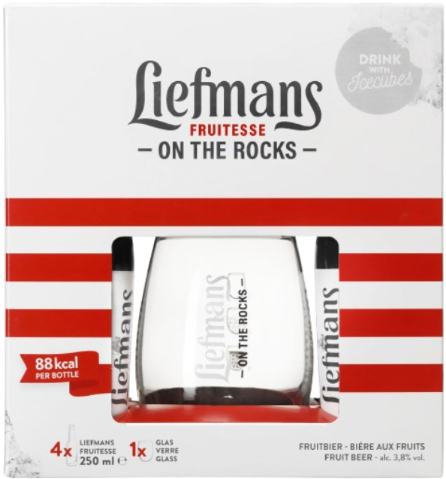 Verpakking van Liefmans Fruitesse On the Rocks met vier flesjes en een bijpassend glas.