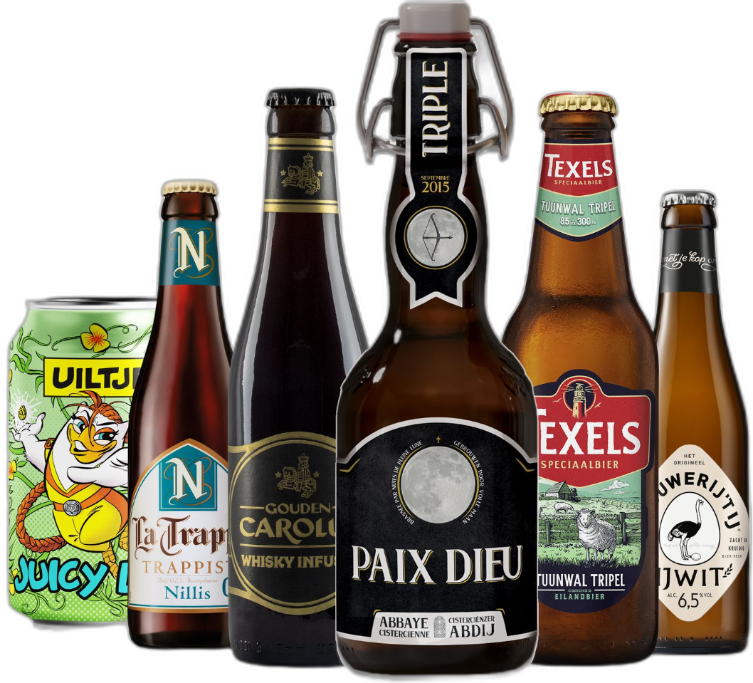 Zes verschillende speciaalbieren op een zwarte achtergrond, met Paix Dieu centraal.