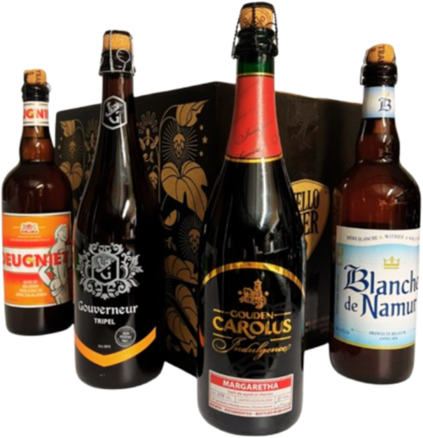 Vier Belgische bierflessen voor een zwarte Hello Bier geschenkdoos met gouden illustraties.