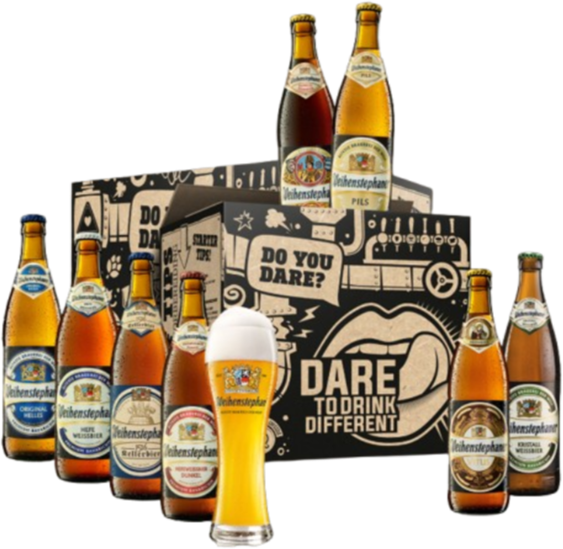 Weihenstephan bierpakket met acht flessen, proefglas en zwarte geschenkdoos