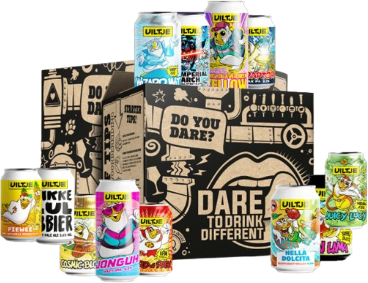Uiltje brouwerijpakket met zwarte geschenkdozen en kleurrijke speciaalbierblikken.