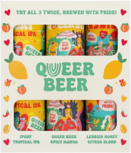 Witte Queer Beer cadeauverpakking met zes kleurrijke bierblikjes en fruitillustraties.