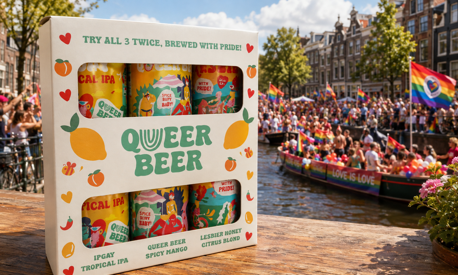 Queer Beer cadeauverpakking met zes blikjes op een houten tafel bij een Pride-parade langs de gracht.