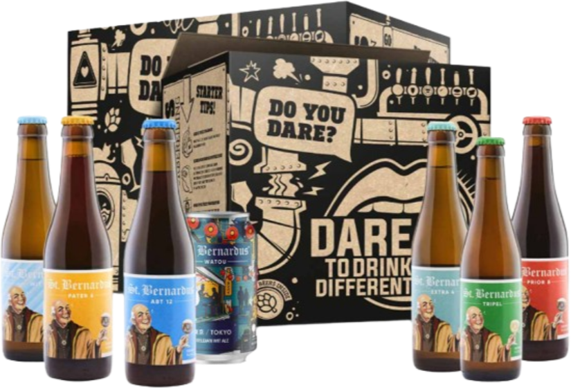 St. Bernardus bierpakket met zes flessen, een blik en doos met tekst Dare to drink different.
