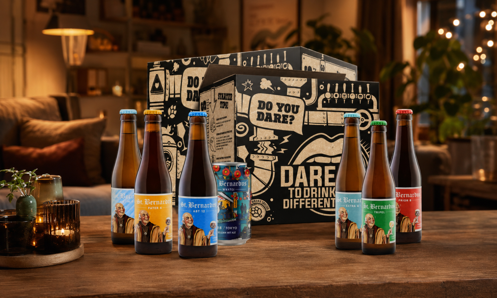 St. Bernardus bierpakket met zes flessen, blik en Dare to drink different doos op houten tafel.