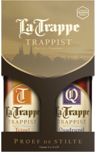 La Trappe trappist cadeauverpakking met zichtbare Tripel- en Quadrupel-flessen in bruine doos.