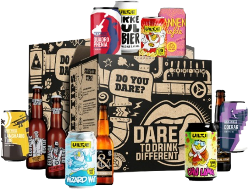 Craft bierpakket met bedrukte doos en diverse kleurrijke blikken en flessen bier.